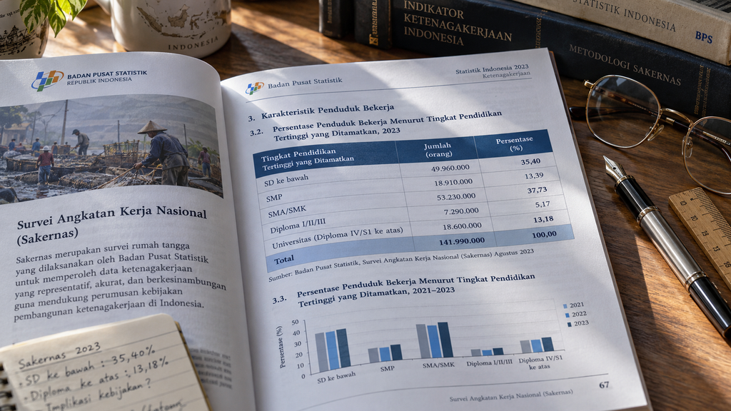 Buku publikasi resmi Survei Angkatan Kerja Nasional (Sakernas) BPS Mei 2026 terbuka di meja peneliti ketenagakerjaan.