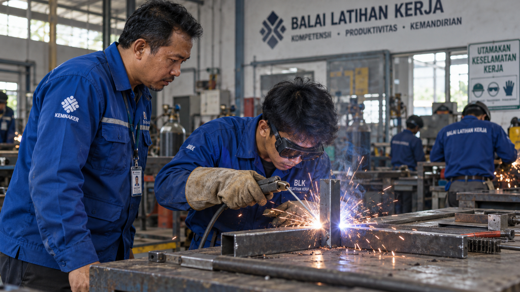 Peserta pelatihan vokasi di Balai Latihan Kerja (BLK) mempraktikkan pengelasan dan perakitan komponen teknik mesin.