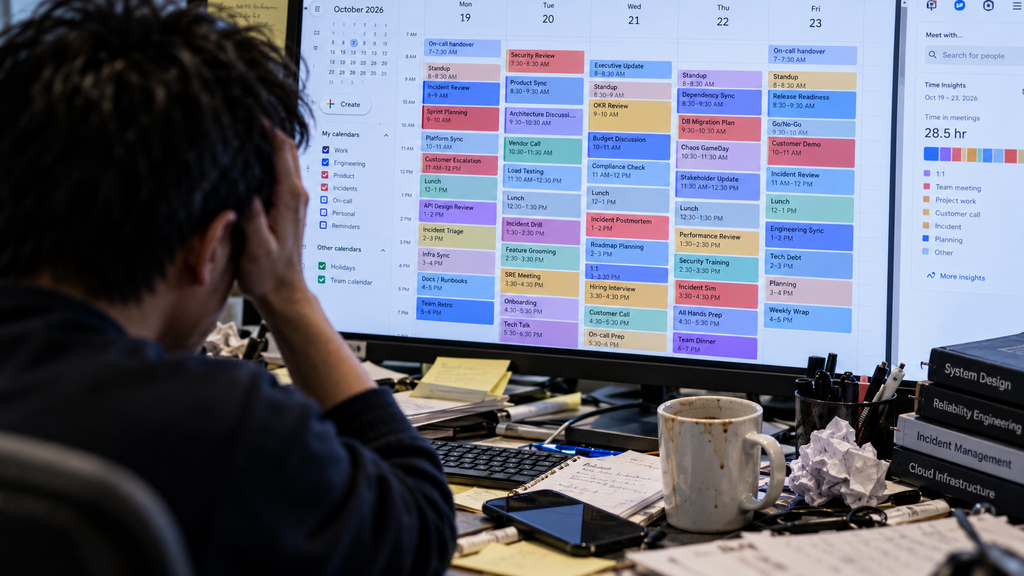Karyawan kelelahan melihat jadwal rapat yang padat di monitor komputer.