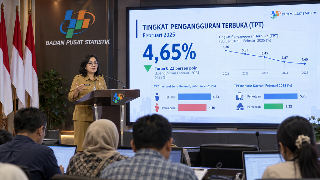 Layar pengumuman data ketenagakerjaan dan Tingkat Pengangguran Terbuka dalam rilis pers resmi Badan Pusat Statistik di Jakarta.
