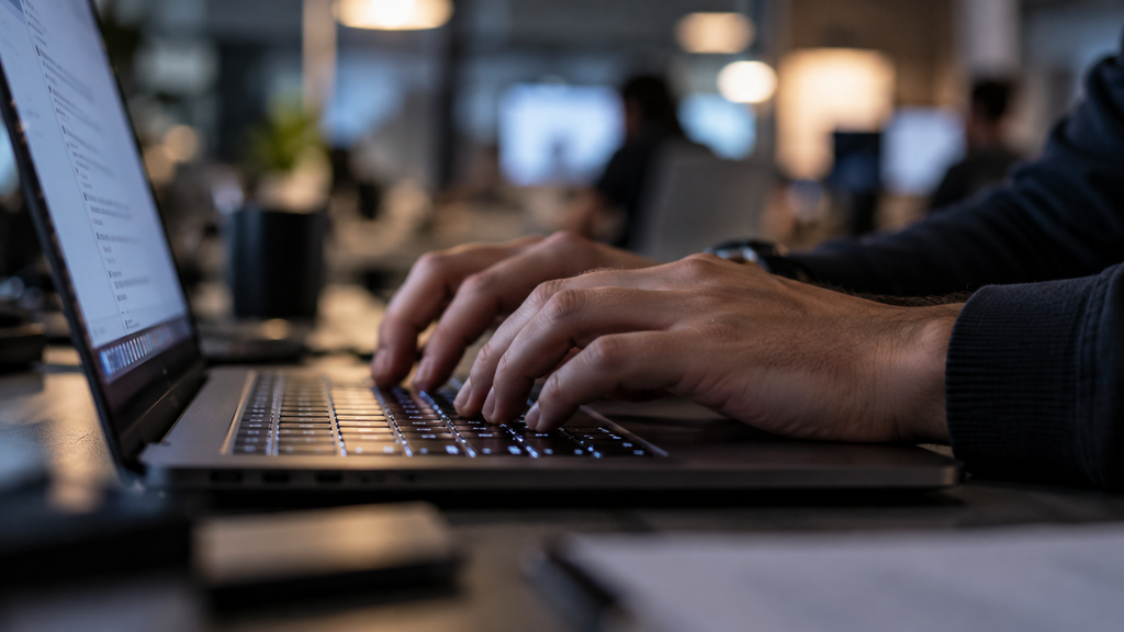 Karyawan fokus mengetik email konfirmasi arahan kerja di laptop.