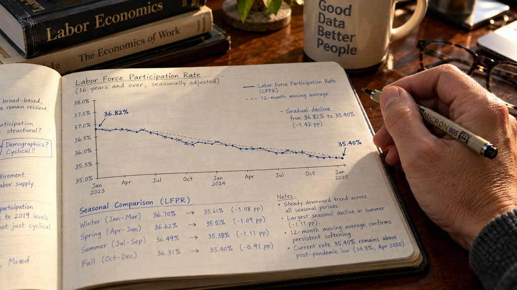 Grafik historis perubahan proporsi pekerja berpendidikan SD ke bawah dari 2023 hingga 2026 pada buku analisis data.