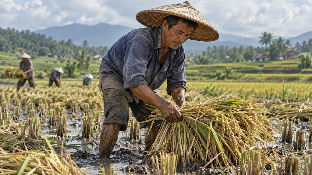 Petani memanen padi di persawahan pedesaan mencerminkan dominasi 28,75 persen tenaga kerja di sektor pertanian dan informal.