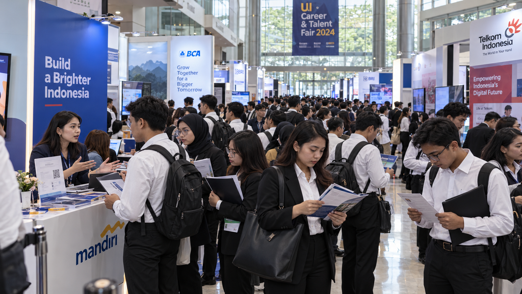 Lulusan sarjana berpakaian formal membawa map berkas lamaran di tengah kerumunan bursa kerja (job fair) universitas.