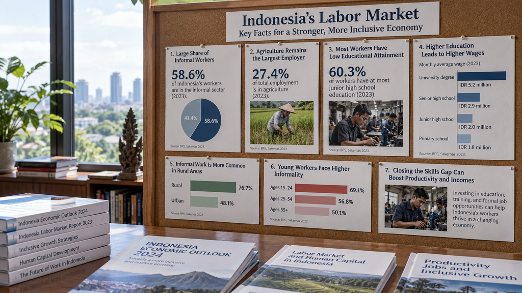 Papan pengumuman data ketenagakerjaan di lembaga riset merangkum tujuh temuan kunci Sakernas BPS Mei 2026.